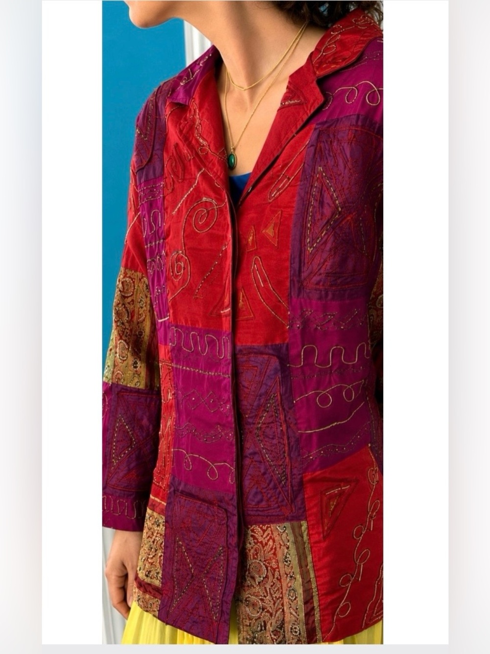Vintage India Embroidered Beaded Real Patchwork Jacket Silk Blend Boho Art Wear